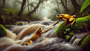 A golden toad slips in a rushing stream while a female golden toad helps him, set in the lush Monteverde Cloud Forest.