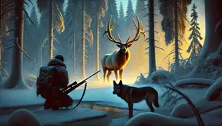  Erik glimpses the Golden Elk standing at the edge of a frozen lake, its golden fur glowing softly in the cold dawn light.