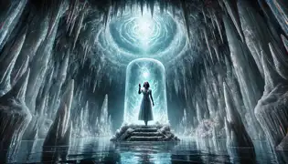 Lotte stands before a pedestal encased in glowing ice, preparing to strike it to free Undine's heart in an underwater cavern.