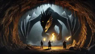 A massive black-scaled dragon emerges from a cavern, its golden eyes glowing as Daniel and Sibusiso stand frozen in fear.