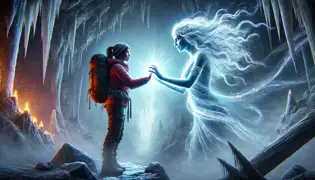 Eira and the spectral figure of Valtessa clasp hands in an icy cavern, forming a magical bond with radiant light.