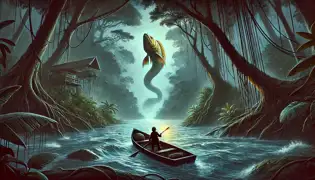 Jengo crosses the sacred bend in his canoe as the river darkens, a golden fish glowing beneath the surface, unaware of the looming danger.