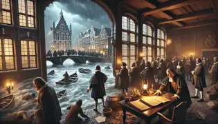 The medieval city of Utrecht floods as panicked citizens flee rising waters; city officials study old manuscripts in desperation.