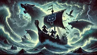 A storm-tossed ship carrying three heroes battles massive waves and mythical sea creatures on their journey to Pohjola.