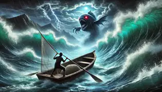 Juma struggles in his wooden boat as a supernatural storm rages on Lake Victoria, with a glowing red-eyed fish emerging from the depths.