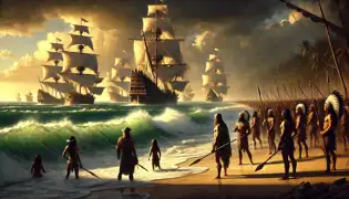 Taíno warriors stand on the shores of Borikén as Spanish ships with towering white sails approach, bringing an air of tension.