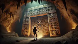 A massive Mayan-carved stone gate glows faintly as the archaeologist prepares to open it inside a dimly lit cave chamber.