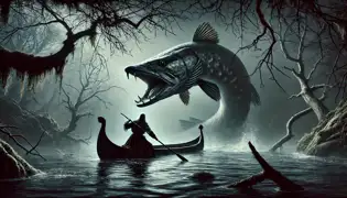 Väinämöinen battles the colossal Pike of Tuonela in the misty, shadowy waters of the underworld’s river.