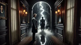 Spencer confronts his spectral double in a storm-lit Manhattan mansion hallway.