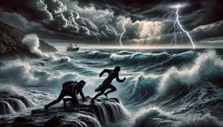 A violent storm crashes waves against the rocky shore as Nikola and Mira flee, lightning illuminating the angry sea behind them.