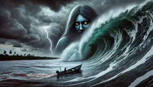 A massive storm wave crashes onto Diego’s boat, with the faint ghostly figure of Anahí appearing within the water.