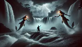 During a stormy night, Mateo reaches for an enchanted drop of water as two glowing-eyed mermaids rise from the misty depths