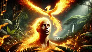 Valeria, engulfed in golden flames, sees visions of the past and future as the Firebird tests her worthiness, with Tukupa watching.