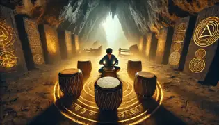 A boy plays glowing ancient drums in a Saint Lucian cave, as fading spirits dissolve outside the entrance