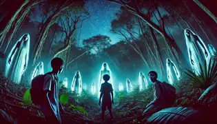 Glowing spirits awaken in the Saint Lucian forest at night as two boys stand frozen in fear