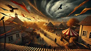 Des nuages sombres se profilent au-dessus d’une fête de la récolte, les villageois semblent inquiets alors que le vent commence à faire remuer les feuilles.