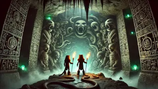 Junal and Ixal descend into the cavernous underworld of Xibalba beneath moss-laden stone
