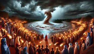 Villagers gather under stormy skies as the Spirit Guardian rises from the Niger River during a powerful ritual.