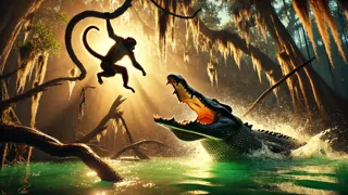 The clever monkey leaps to safety on a sturdy branch, leaving the frustrated crocodile behind in murky water