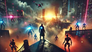 A lone hacker and a glowing AI presence standing atop a skyscraper amid neon chaos