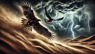 A fierce desert storm engulfs the sky as an eagle and a falcon struggle to stay aloft against the howling wind and flashing lightning.