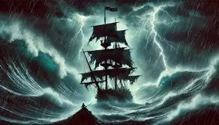 Captain Villalobos’ ship battles a violent storm as La Dama Negra looms ominously, its eerie glow piercing the darkness.