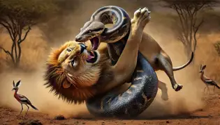 A fierce battle between a roaring lion and a thick python, dust rising as they struggle for dominance in the savanna.