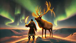 Erik, now in Sami furs, stands beside the Golden Elk on a snowy ridge under the northern lights, holding a golden feather.