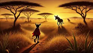 A dejected donkey walks away at sunset, while a hyena disappears into the tall grass of the Senegalese savanna.