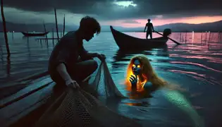 A fisherman in a wooden boat on Lake Maracaibo at twilight, staring at a mesmerizing mermaid emerging from the water.