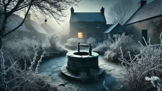 An ancient stone well surrounded by thorny rosebushes under a misty moonlit sky