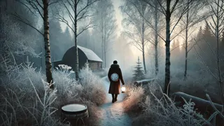 Eine einsame Gestalt, die durch einen frostbedeckten Wald unter einem bleichen Himmel wandert.