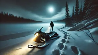 Una cima montañosa solitaria que se alza a través de un torbellino de nieve bajo un cielo pálido.