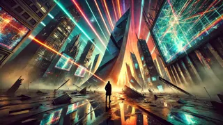 Futuristische Stadtlandschaft, mutiert durch ein Zeitparadoxon, Gebäude verdreht und Himmel durch unnatürliche Farben durchzogen