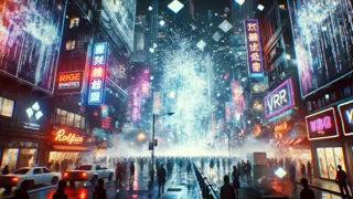 des flocons de neige déformés de code tombant sur une ligne d'horizon néon alors que des utilisateurs de réalité virtuelle convulsent