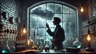Dr. Adrian Blackwood mélangeant des produits chimiques au-dessus d'un bec Bunsen dans un laboratoire victorien