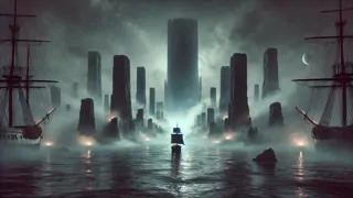 Phosphorescent towers emerge from a misty sea horizon, defying all known geometry.