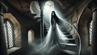 A ghostly woman in a white dress with glowing eyes stands at the top of a spiral stone staircase, surrounded by mist.