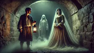 The ghost of Lady Katalin Hunyadi appears before Erik Kovács in a dark tunnel, her translucent form glowing as mist swirls around them.