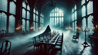 A shadowy figure with glowing eyes seated in a ruined abbey under moonlight