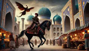 Rustam Khan rides his black stallion through the lively marketplace of Samarkand, with the Djinn floating beside him.