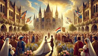 A royal wedding in a medieval castle courtyard, where the prince and the freed maiden exchange vows amid golden sunlight and joy.