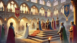Un gran tribunal medieval donde la doncella se encuentra de pie, lista, ante el príncipe y una audiencia real.