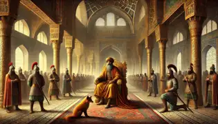 The Khan of Herat glares at Zarif, the captured fox, in his grand palace adorned with intricate Persian designs.