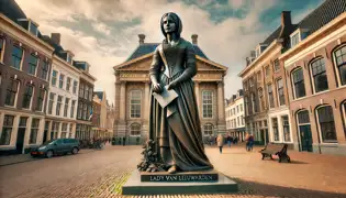  A bronze statue of Lady Elise stands in a modern Leeuwarden city square, holding a letter as people pass by, acknowledging her legacy.