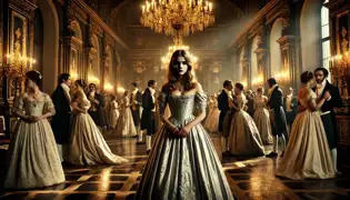 A grand winter ball in a noble estate, with elegantly dressed nobles dancing while Isolde von Gravenstein stands apart, lost in thought.