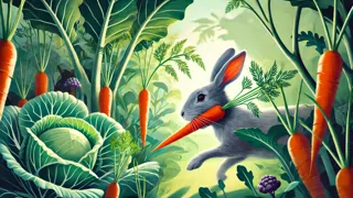 Coelho da Peter Rabbit correndo entre as fileiras de cenouras no jardim do Senhor McGregor.