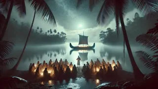 Anciãos antigos reunidos às margens da lagoa, contando o relato do primeiro avistamento da Canoa do Espírito.