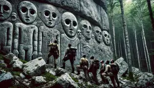 Explorers discover an ancient rock face in the Velebit Mountains, covered in humanoid carvings, surrounded by eerie silence.