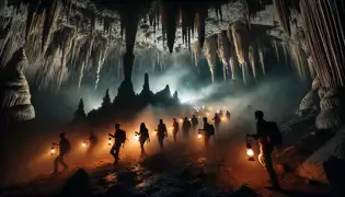 A group of explorers cautiously walking deeper into the cave, their lanterns casting flickering light on the jagged rock walls.